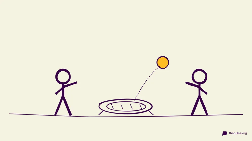 Handgezeichnete Illustration: Spikeball-Netz, der gelbe Ball springt hoch
