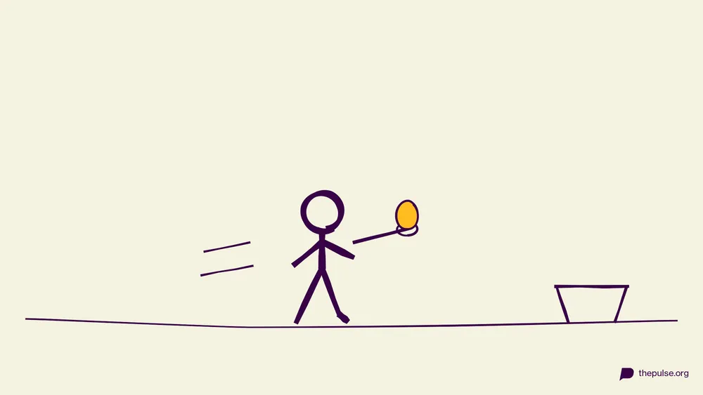 Handgezeichnete Illustration: Figur rennt mit Osterei auf dem Löffel zum Korb
