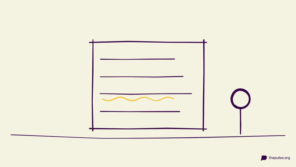 Handgezeichnete Illustration: Vier Wortzeilen, die gelbe Kringellinie markiert den Fehler