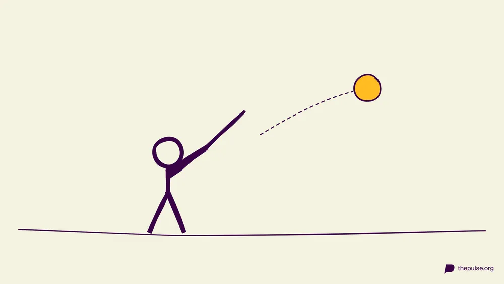 Illustration: Batter schlägt mit dem Besenstiel, gelber Ball fliegt