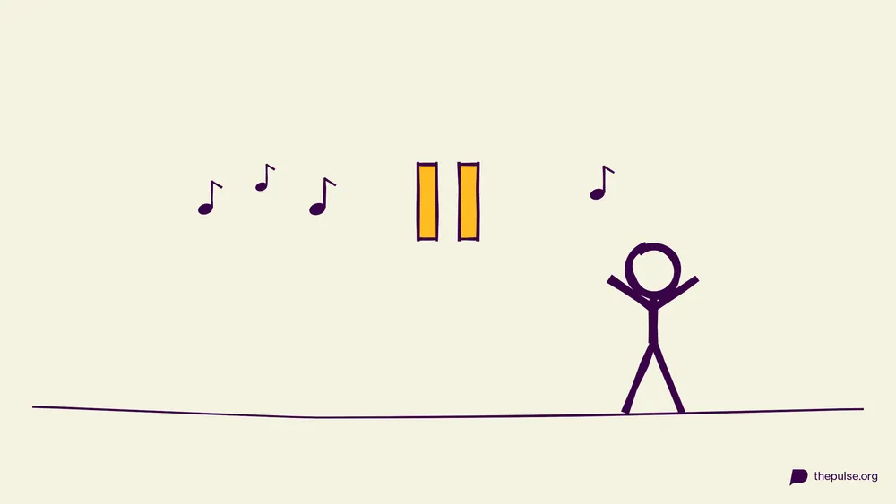 Handgezeichnete Illustration: Die Musik pausiert (gelbe Balken), die Figur singt textsicher weiter