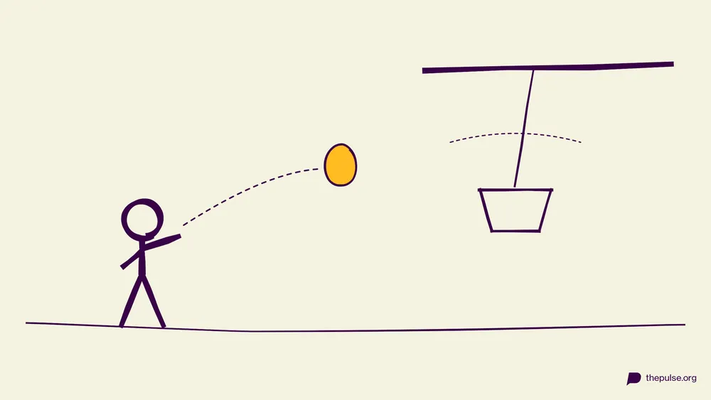 Illustration: Osterei fliegt in den schwingenden Korb am Ast