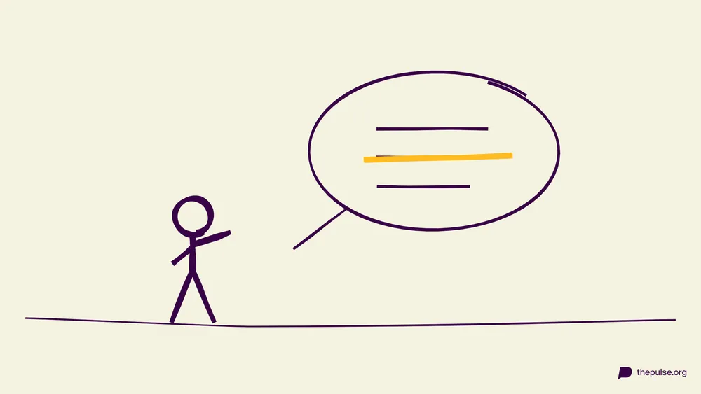 Illustration: Figur mit Sprechblase, ein Wort ist gelb durchgestrichen
