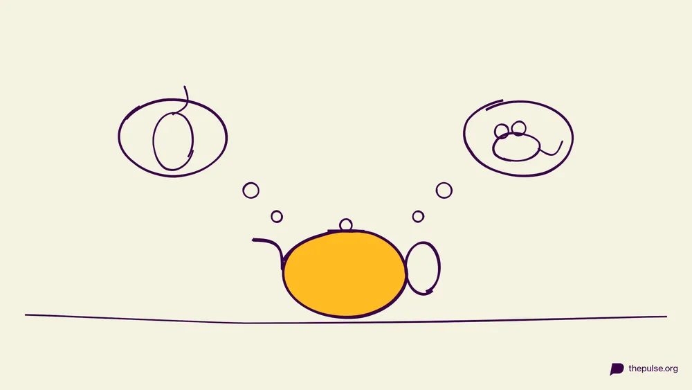 Handgezeichnete Illustration: Gelbe Teekanne denkt an Computermaus und Tiermaus — ein Wort, zwei Bedeutungen