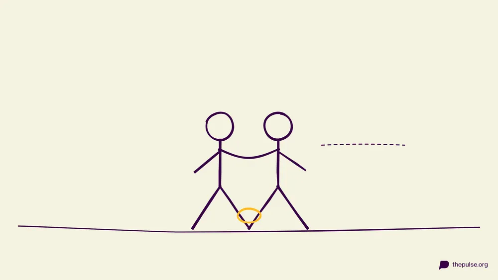 Handgezeichnete Illustration: Paar läuft mit zusammengebundenen Beinen, gelbes Band am Knöchel
