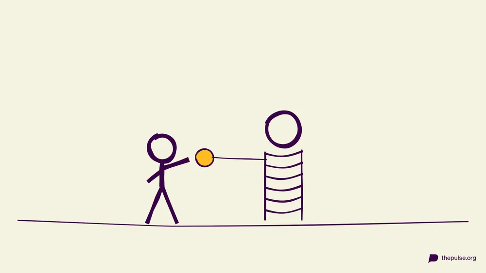 Handgezeichnete Illustration: Partner wird mit der gelben Toilettenpapier-Rolle zur Mumie gewickelt