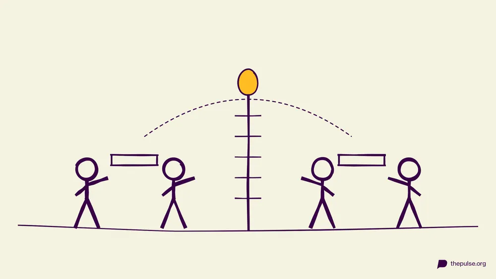 Handgezeichnete Illustration: Zwei Teams schleudern ein Osterei mit Handtüchern über ein Netz
