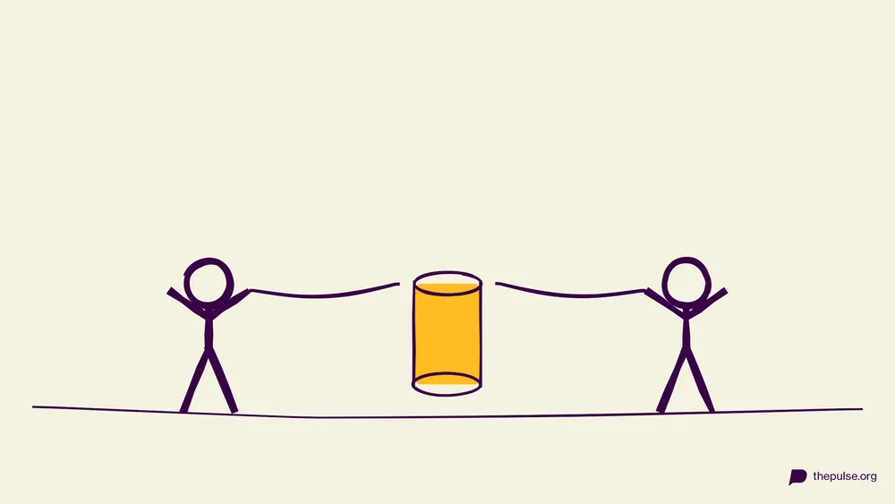 Illustration: Handkette zieht Richtung gelbem Fass