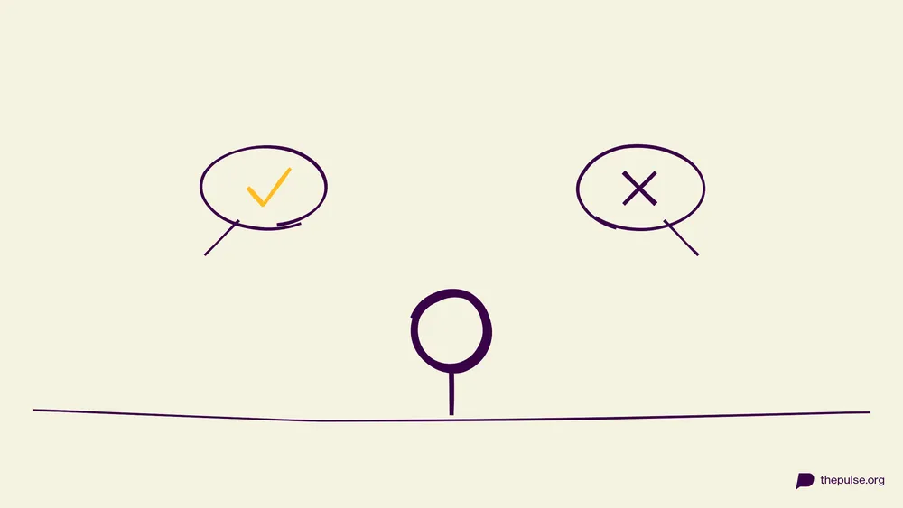 Handgezeichnete Illustration: Zwei Aussagen — gelber Haken oder Kreuz?