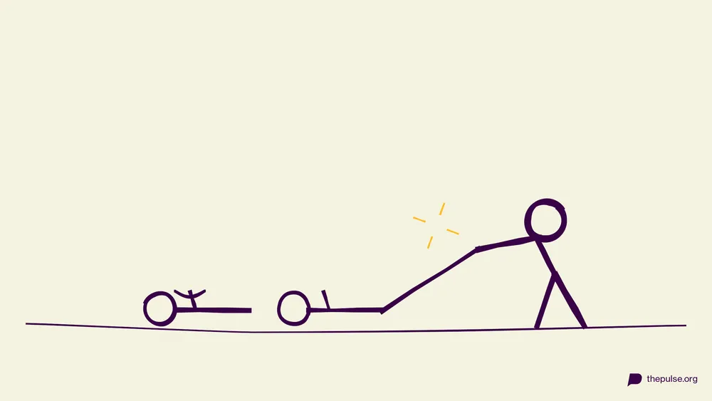 Illustration: Bauer zieht am Bein einer verhakten Rübe