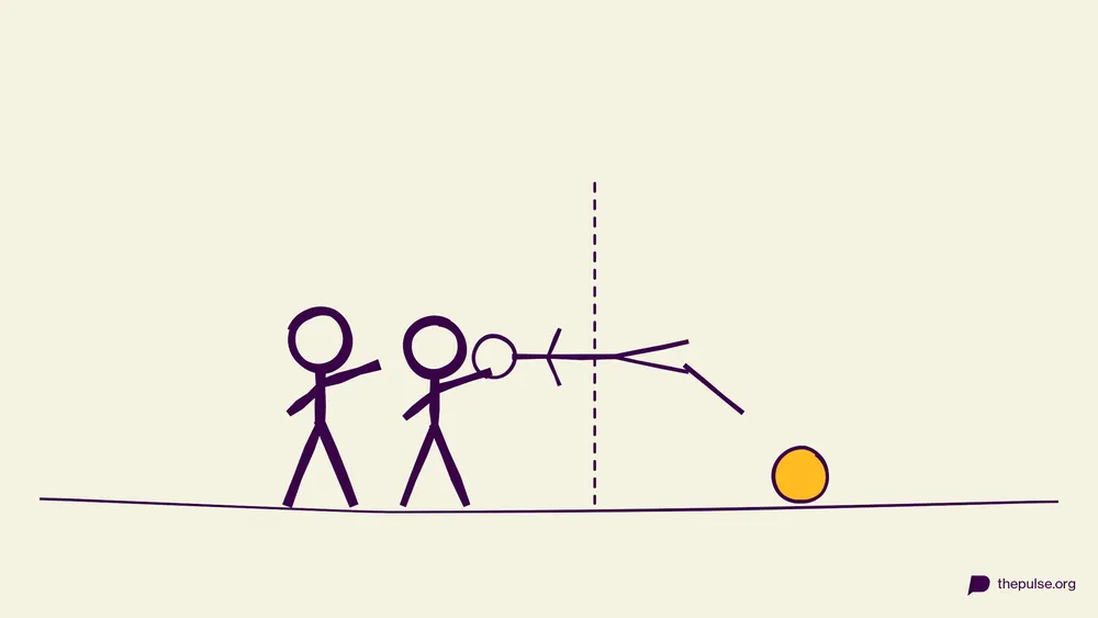 Handgezeichnete Illustration: Team hält eine Figur über die Linie, um den gelben Ball zu erreichen