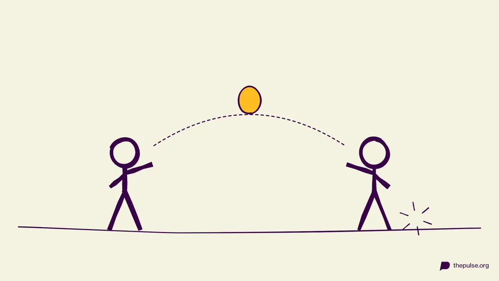 Handgezeichnete Illustration: Der gelbe Wasserballon fliegt — daneben platscht es schon