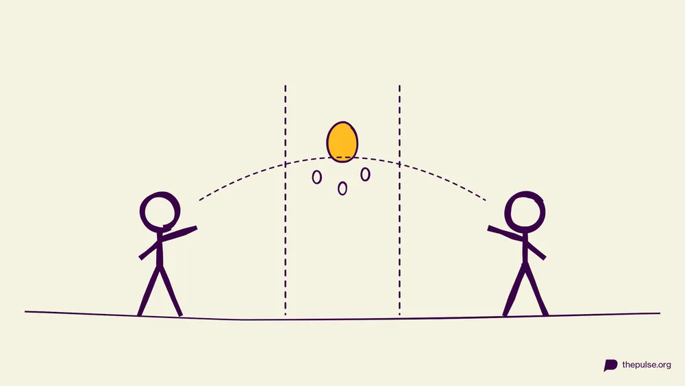 Handgezeichnete Illustration: Ein nasses Osterei fliegt zwischen zwei Spielzonen hin und her