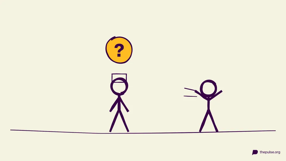 Handgezeichnete Illustration: Figur mit Zettel auf der Stirn und großem gelbem Fragezeichen