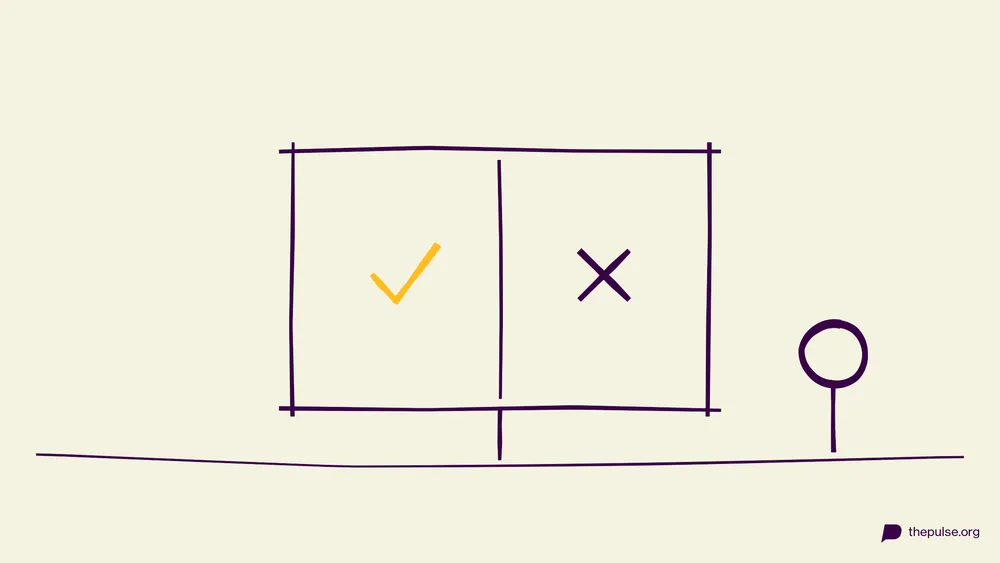 Handgezeichnete Illustration: Bildschirm mit gelbem Haken und Kreuz — Win or Fail?