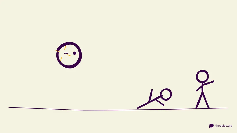 Illustration: Zwinkernder Kopf, ein Opfer kippt, der Detektiv beobachtet