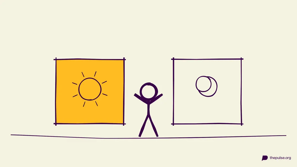 Handgezeichnete Illustration: Figur zwischen zwei Tafeln — würdest du eher Sonne oder Mond?