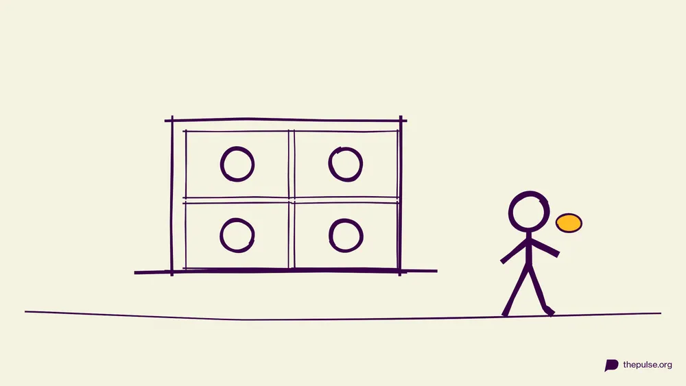 Handgezeichnete Illustration: Zoom-Call-Raster, ein Spieler rennt mit dem gelben Fundstück zurück