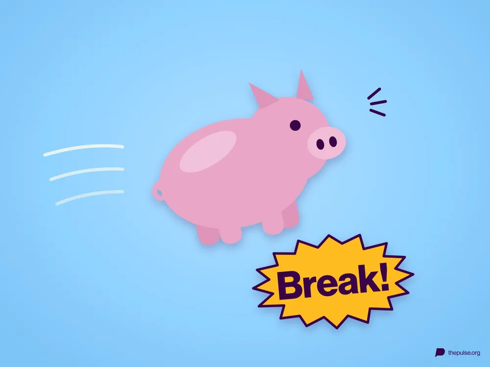 Ein rosa Spielzeugschwein fliegt durch die Luft, daneben der gelbe Ruf »Break!«