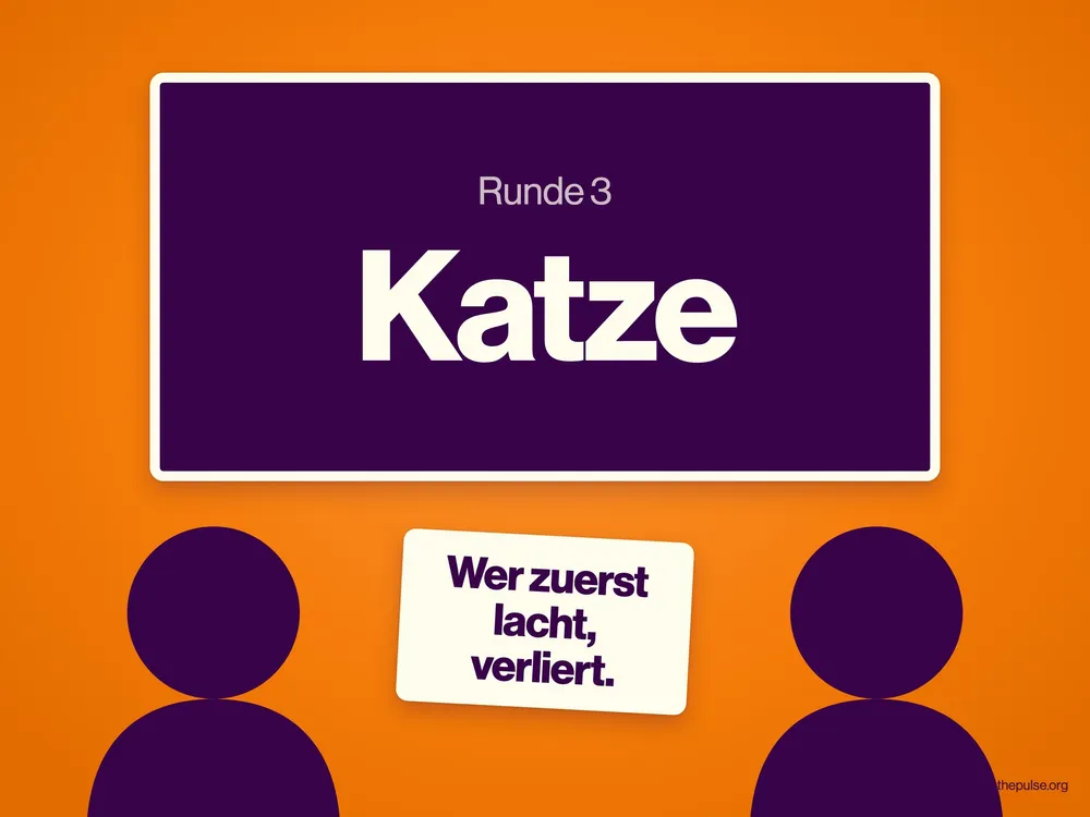 Leinwand mit der Folie »Runde 3: Katze«, davor zwei Silhouetten und die Karte »Wer zuerst lacht, verliert.«