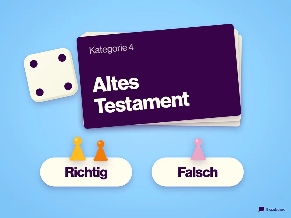 Violette Fragekarte »Kategorie 4: Altes Testament« auf einem Kartenstapel, daneben ein Würfel mit der Vier und die Felder »Richtig« und »Falsch« mit Spielsteinen