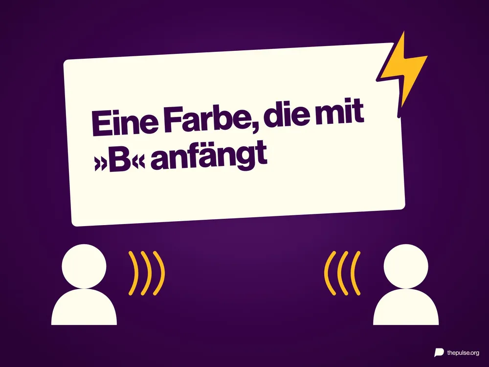 Karte mit der Aufgabe »Eine Farbe, die mit ›B‹ anfängt« und einem gelben Blitz, unten rufen zwei Spieler um die Wette.