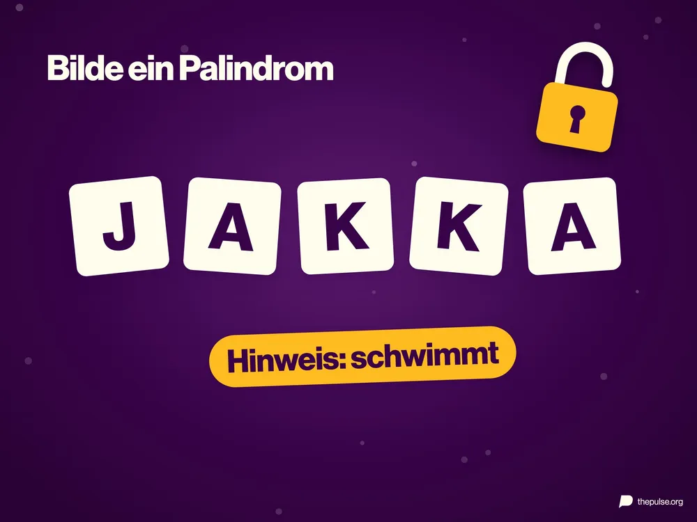 Fünf Buchstabenkacheln J, A, K, K, A mit dem Hinweis »schwimmt« und einem Vorhängeschloss, darüber »Bilde ein Palindrom«.
