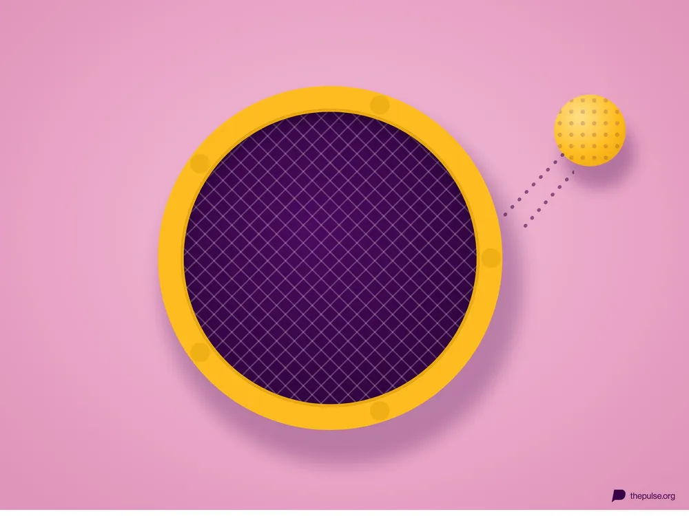 Ein Spikeball-Netz von oben mit gelbem Rahmen, daneben der Ball im Anflug