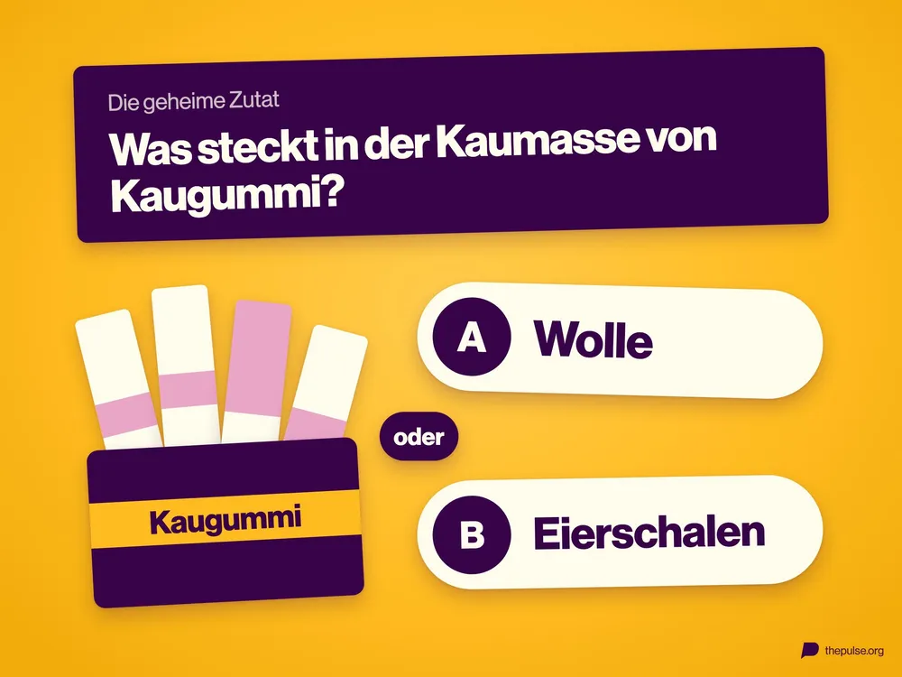 Frage »Was steckt in der Kaumasse von Kaugummi?« mit den Antworten Wolle oder Eierschalen, daneben eine Packung Kaugummi.
