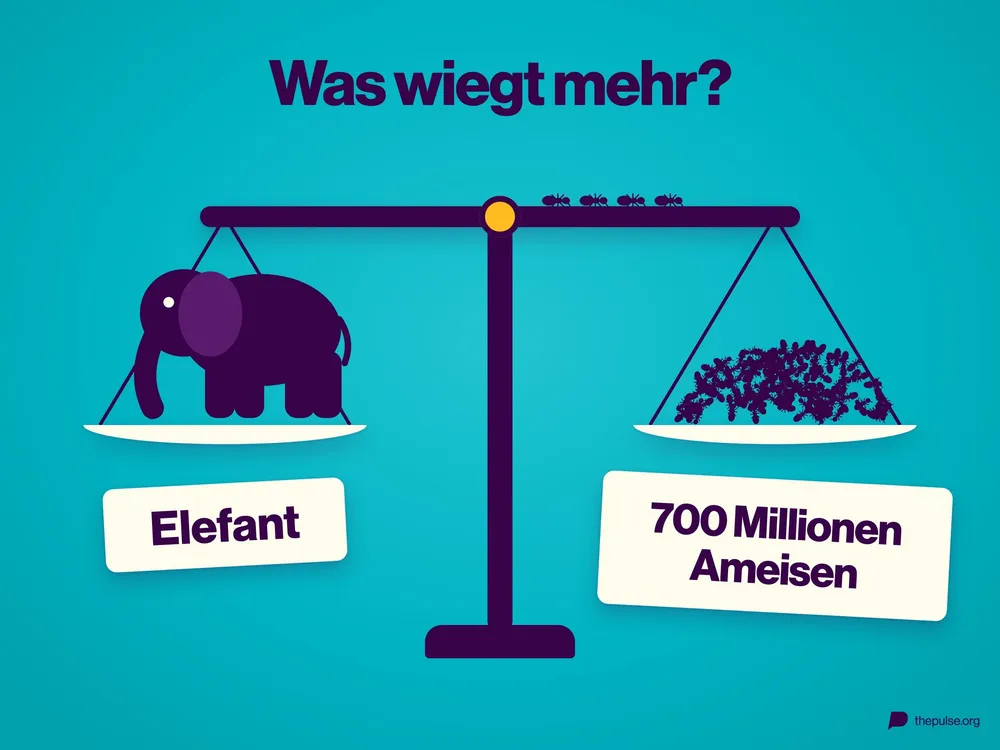 Eine Waage mit einem Elefanten auf der einen und einem Haufen Ameisen auf der anderen Seite, darüber die Frage »Was wiegt mehr?«.