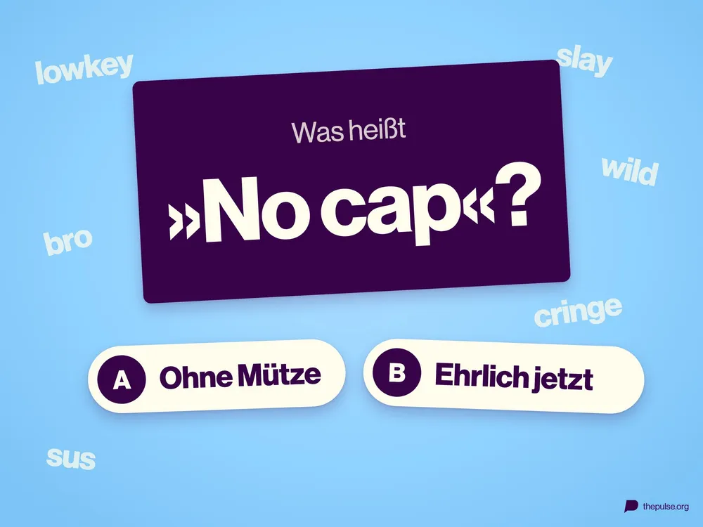 Karte mit der Frage »Was heißt ›No cap‹?« und zwei Antworten, drumherum weitere Wörter der Jugendsprache.