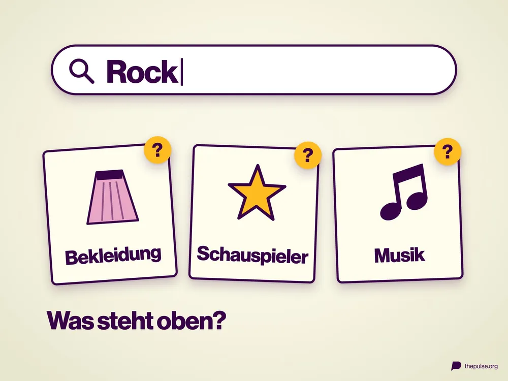 Suchfeld mit dem Begriff »Rock«, darunter drei Karten für Bekleidung, Schauspieler und Musik, jede mit einem Fragezeichen.