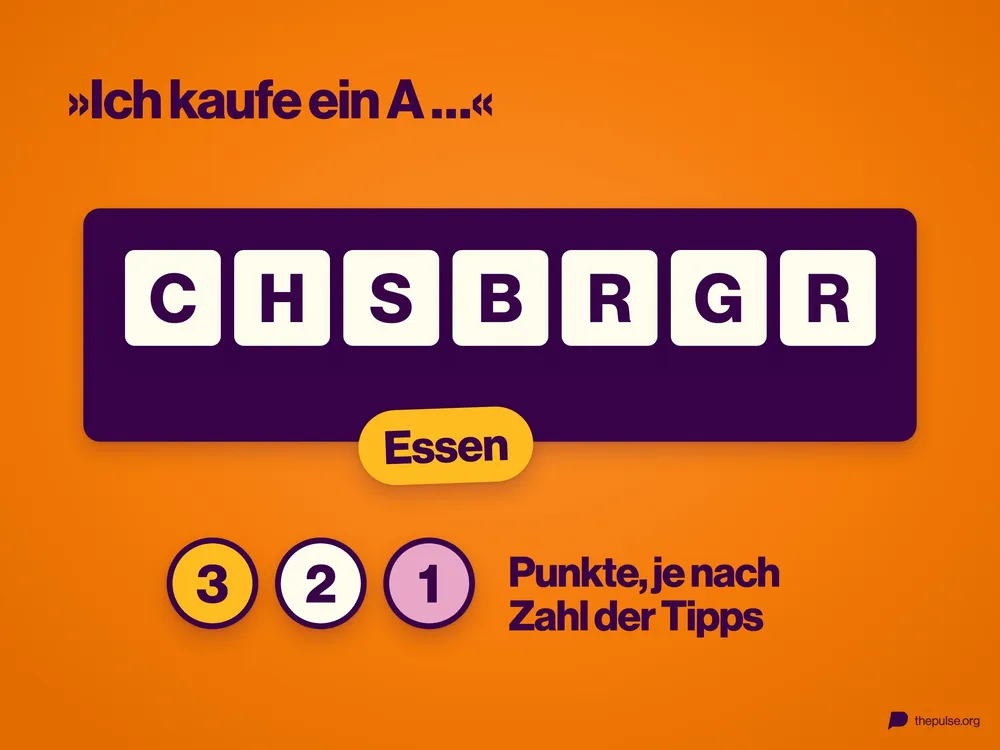 Rätseltafel mit den Buchstaben C, H, S, B, R, G, R, darunter die Kategorie Essen und drei Punkte-Plaketten mit 3, 2 und 1, darüber »Ich kaufe ein A …«.