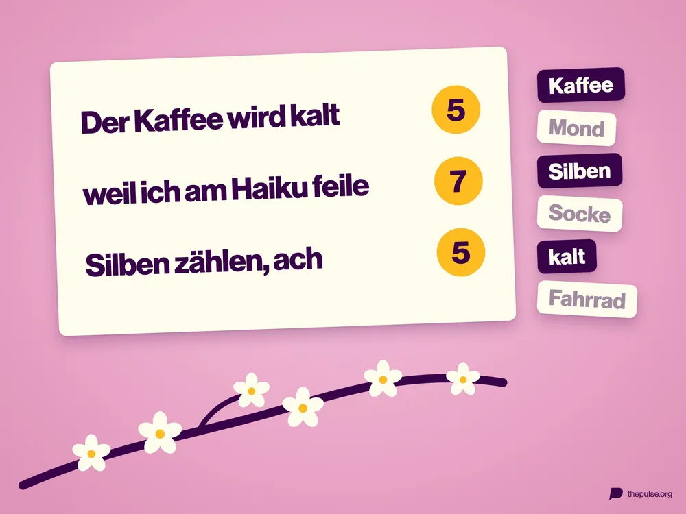 Karte mit einem Haiku in drei Zeilen und den Silbenzahlen 5, 7 und 5, daneben sechs Wörter, von denen drei markiert sind, unten ein Kirschblütenzweig