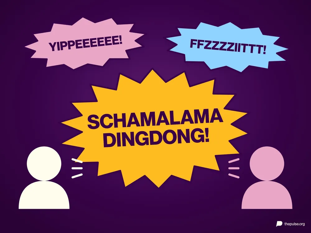 Drei Comic-Knallwolken mit den Rufen »YIPPEEEEEE!«, »FFZZZZIITTT!« und »SCHAMALAMA DINGDONG!« zwischen zwei Köpfen auf violettem Grund.