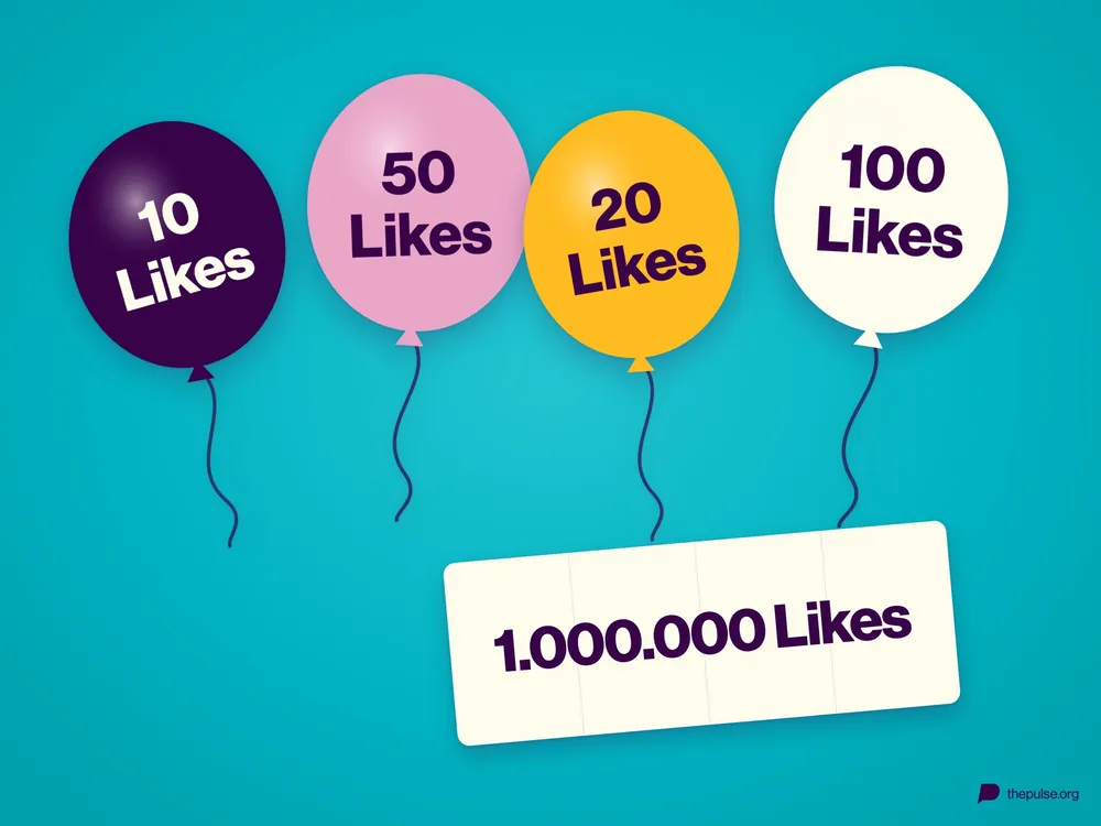 Vier Luftballons mit »10 Likes«, »50 Likes«, »20 Likes« und »100 Likes«, darunter der aufgefaltete Zettel »1.000.000 Likes«