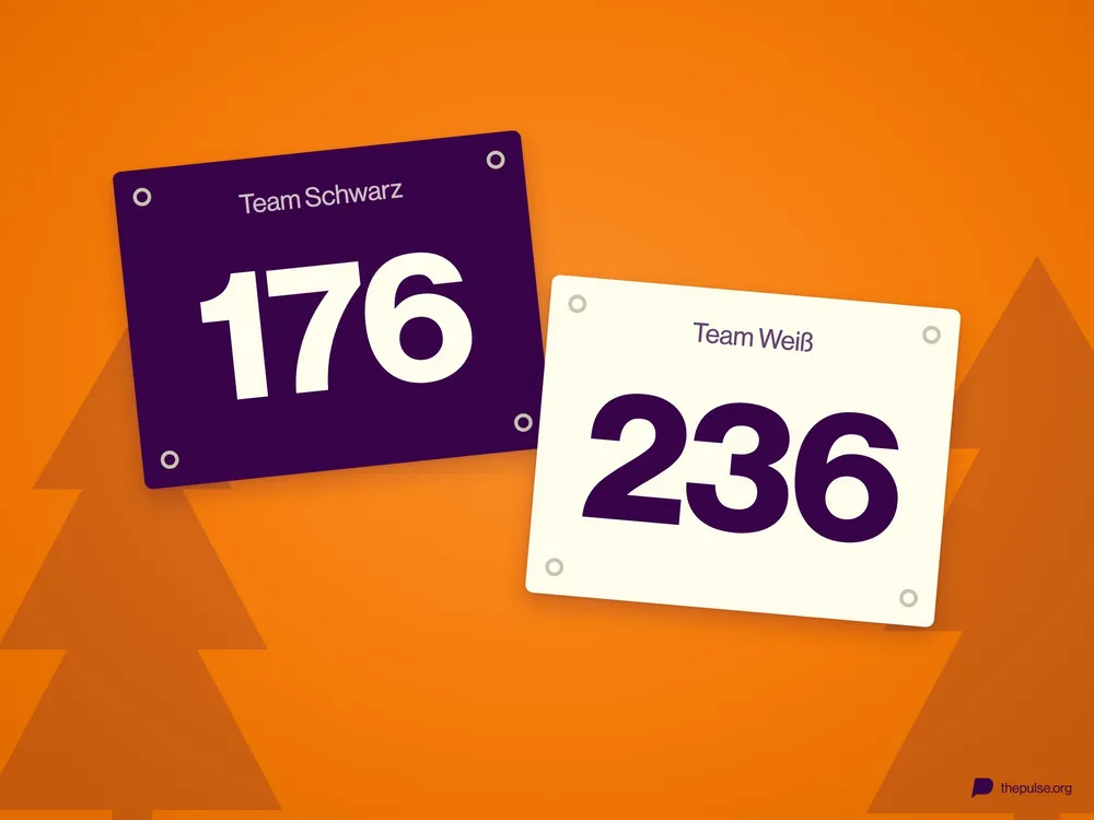 Zwei Nummernschilder mit Sicherheitsnadeln: 176 für Team Schwarz und 236 für Team Weiß
