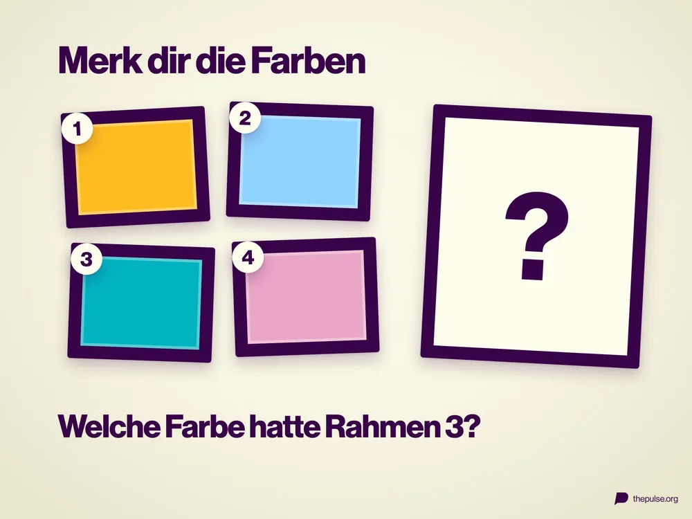 Vier nummerierte Bilderrahmen in Gelb, Hellblau, Türkis und Rosa, daneben ein leerer Rahmen mit Fragezeichen und die Frage »Welche Farbe hatte Rahmen 3?«.