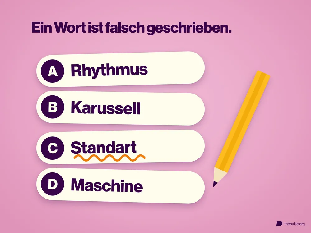 Vier Wörter zur Auswahl, unter »Standart« eine orange Kringellinie, darüber »Ein Wort ist falsch geschrieben.« und ein Bleistift.