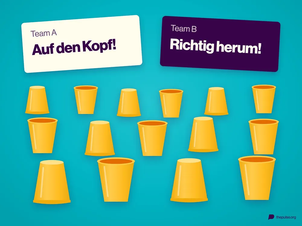 Gelbe Plastikbecher im Raum, teils auf dem Kopf, darüber die Karten »Team A: Auf den Kopf!« und »Team B: Richtig herum!«