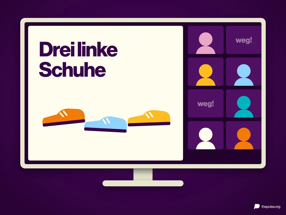 Bildschirm mit Videocall: geteilte Folie »Drei linke Schuhe« mit drei Schuhen, daneben Kacheln mit Silhouetten, zwei Kacheln sind leer.