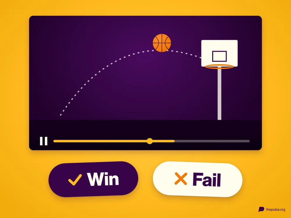 Angehaltenes Video mit einem Basketball kurz vor dem Korb, darunter die Knöpfe »Win« mit Haken und »Fail« mit Kreuz.