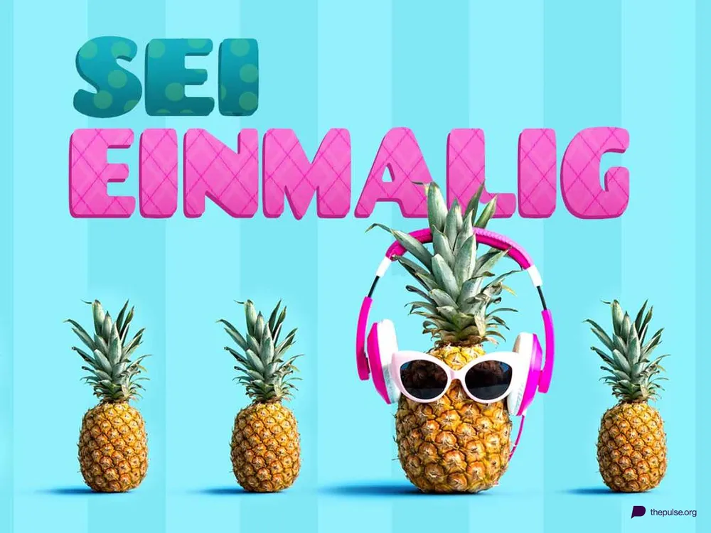 Das Artwork von »Sei einmalig«: vier Ananas in einer Reihe, eine davon mit Kopfhörern und Sonnenbrille