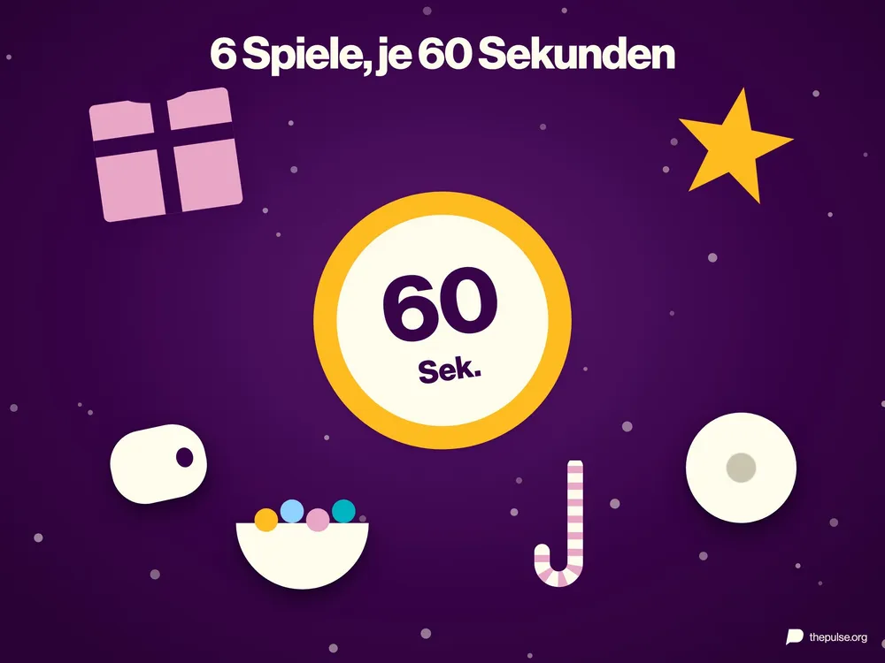 Eine große 60-Sekunden-Uhr, ringsum Geschenk, Stern, Marshmallow-Schaf, Toilettenpapier, Bonbonschüssel und Zuckerstange: 6 Spiele, je 60 Sekunden