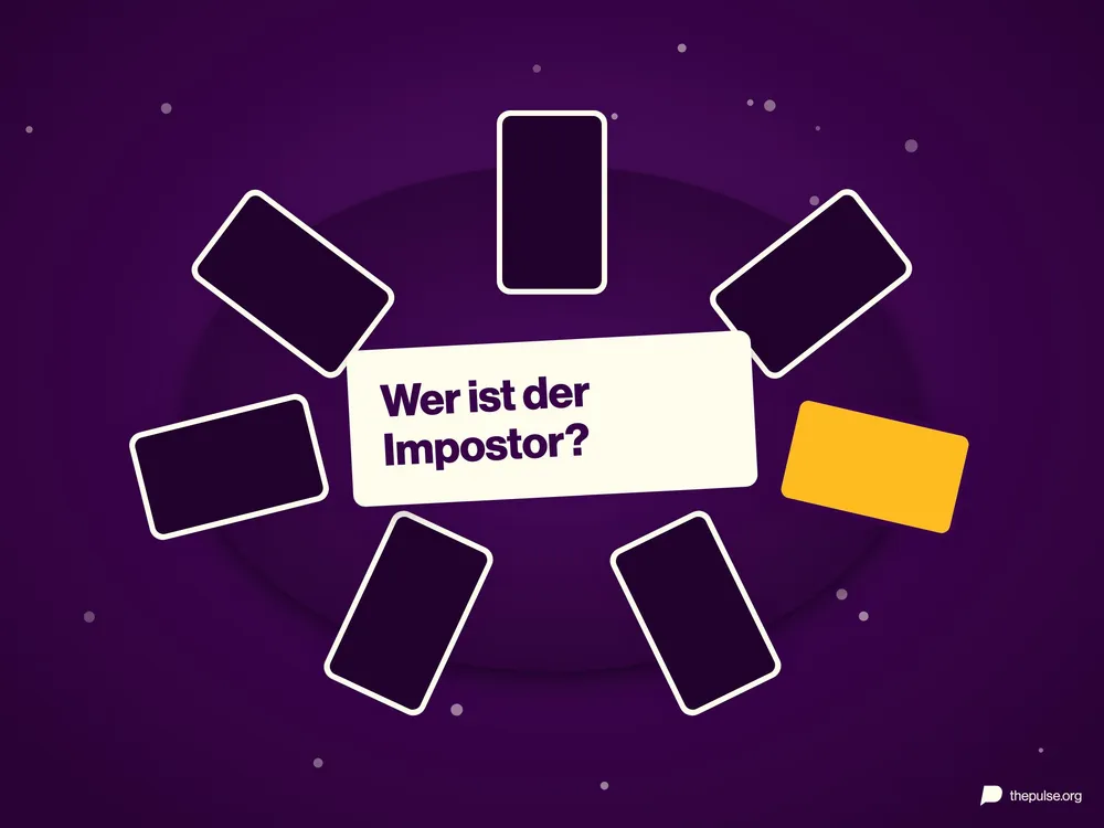 Handys im Kreis auf einem Tisch, in der Mitte die Frage »Wer ist der Impostor?«