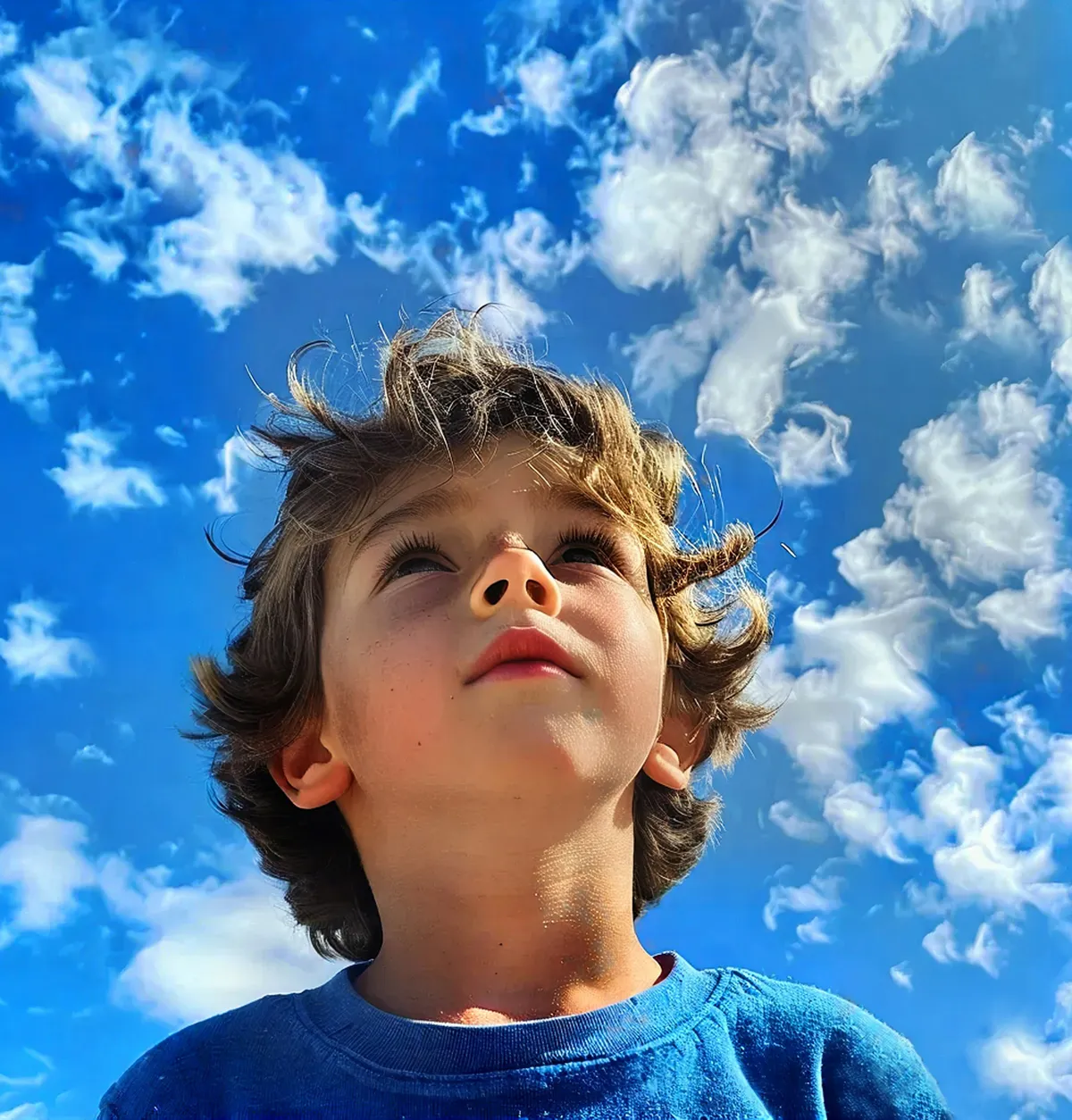 Ein Junge blickt staunend in den wolkigen Himmel