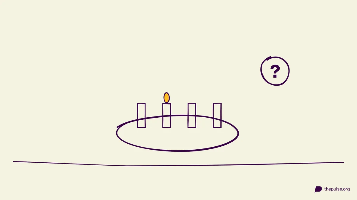 Handgezeichnete Illustration: Adventskranz mit brennender Kerze und Quiz-Fragezeichen