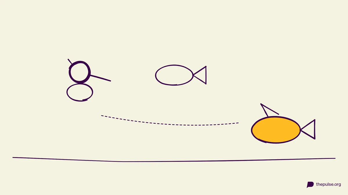 Handgezeichnete Illustration: Vogel plus Fisch ergibt den gelben Flügel-Fisch