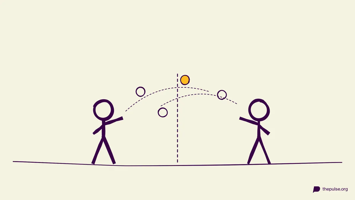 Handgezeichnete Illustration: Bälle fliegen über die Mittellinie hin und her