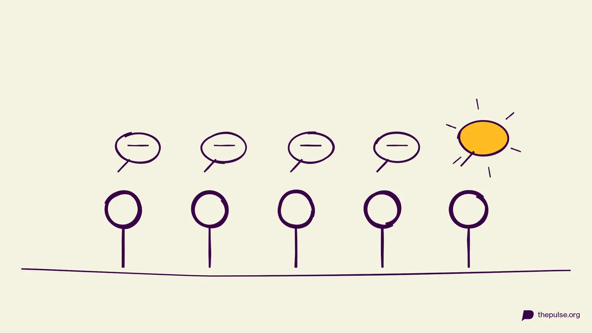 Handgezeichnete Illustration: Vier gleiche Antworten, eine gelbe einzigartige